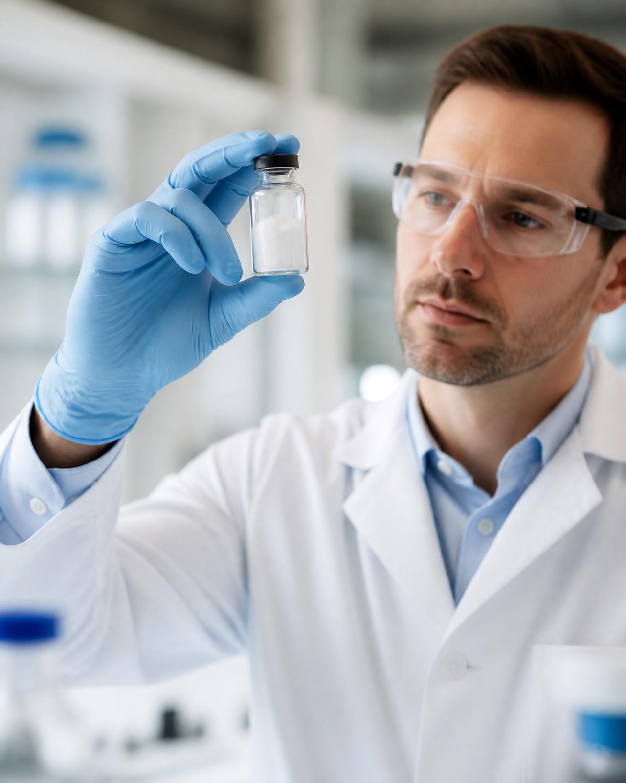 Pharmaceutical scientist handling a small vial of active pharmaceutical ingredient beside analytical laboratory equipment.