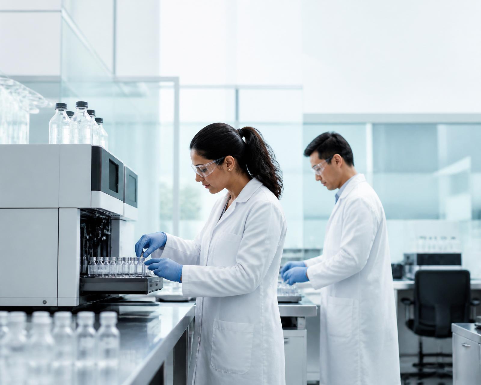 Modern pharmaceutical scientists working with automated analytical equipment in a bright biotechnology laboratory.